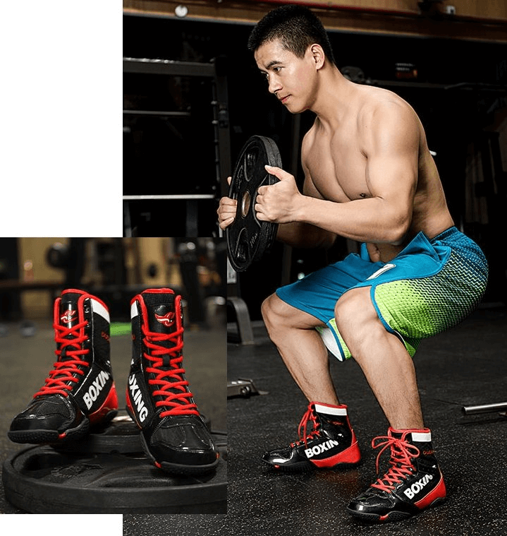 Athlete wearing and showcasing Sports Flexible Anti-Slip Unisex Wrestling Sneakers - SF1202 in gym setting.